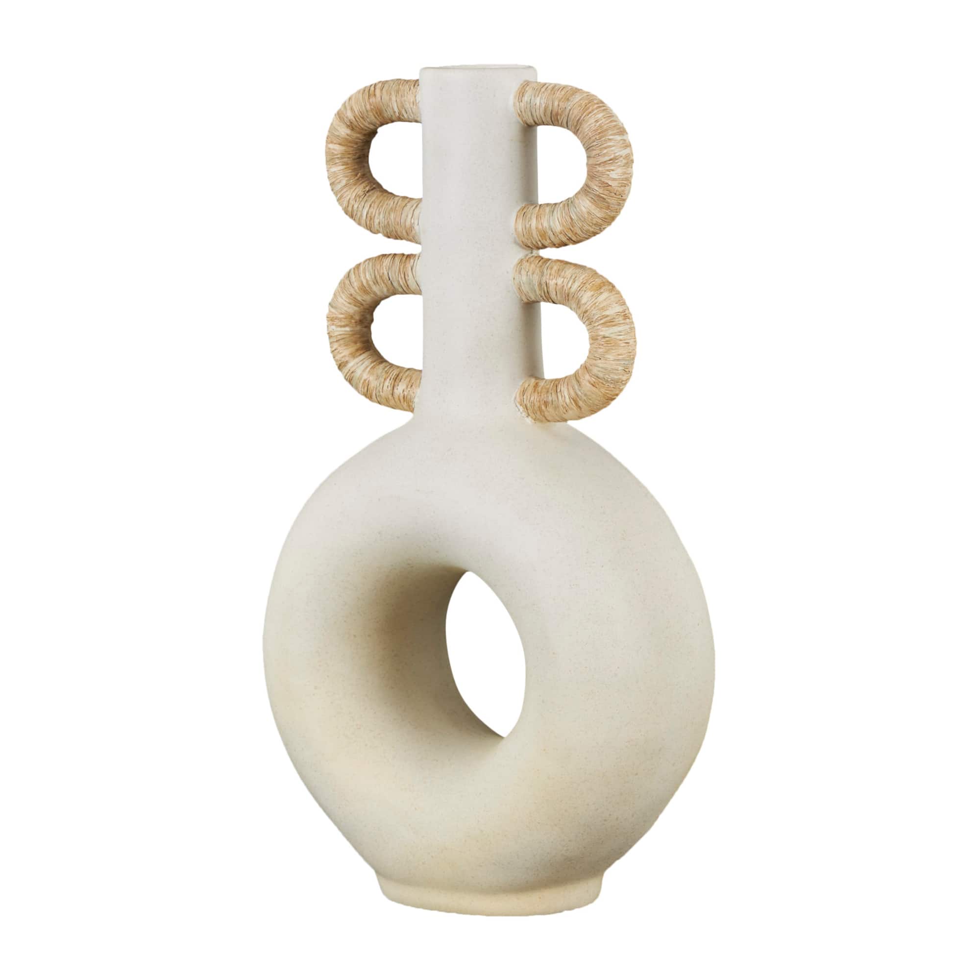 16" Cream Round Speckled Vase with Woven Inspired Arched Handles & Cutout Opening